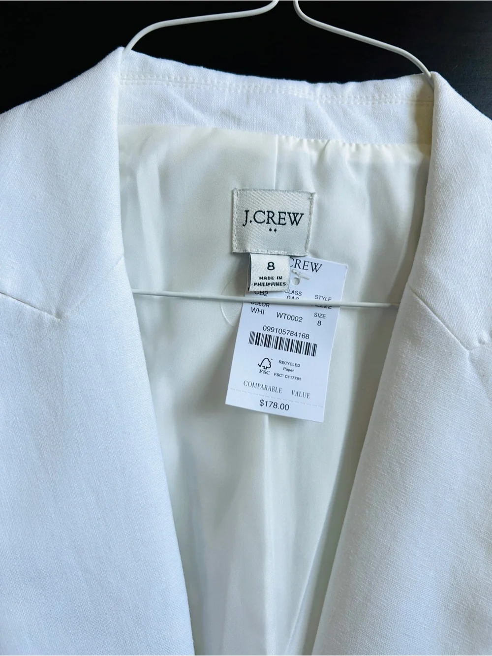 J. Crew NWT Parke Blazer Linen Cotton White  Flat Pocket Jacket 8